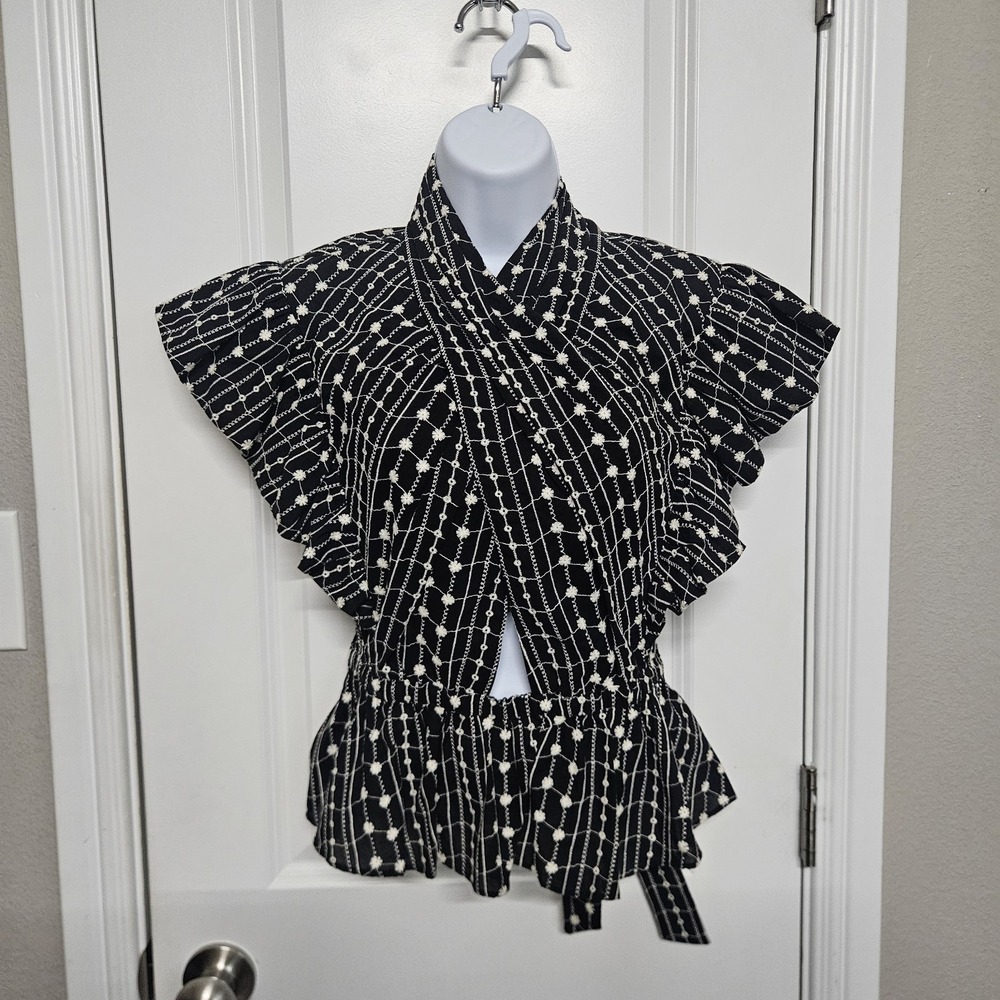 DEREK LAM 10 CROSBY Brynn Ruffle Wrap Top Black Ivory  Sz 8 NWT